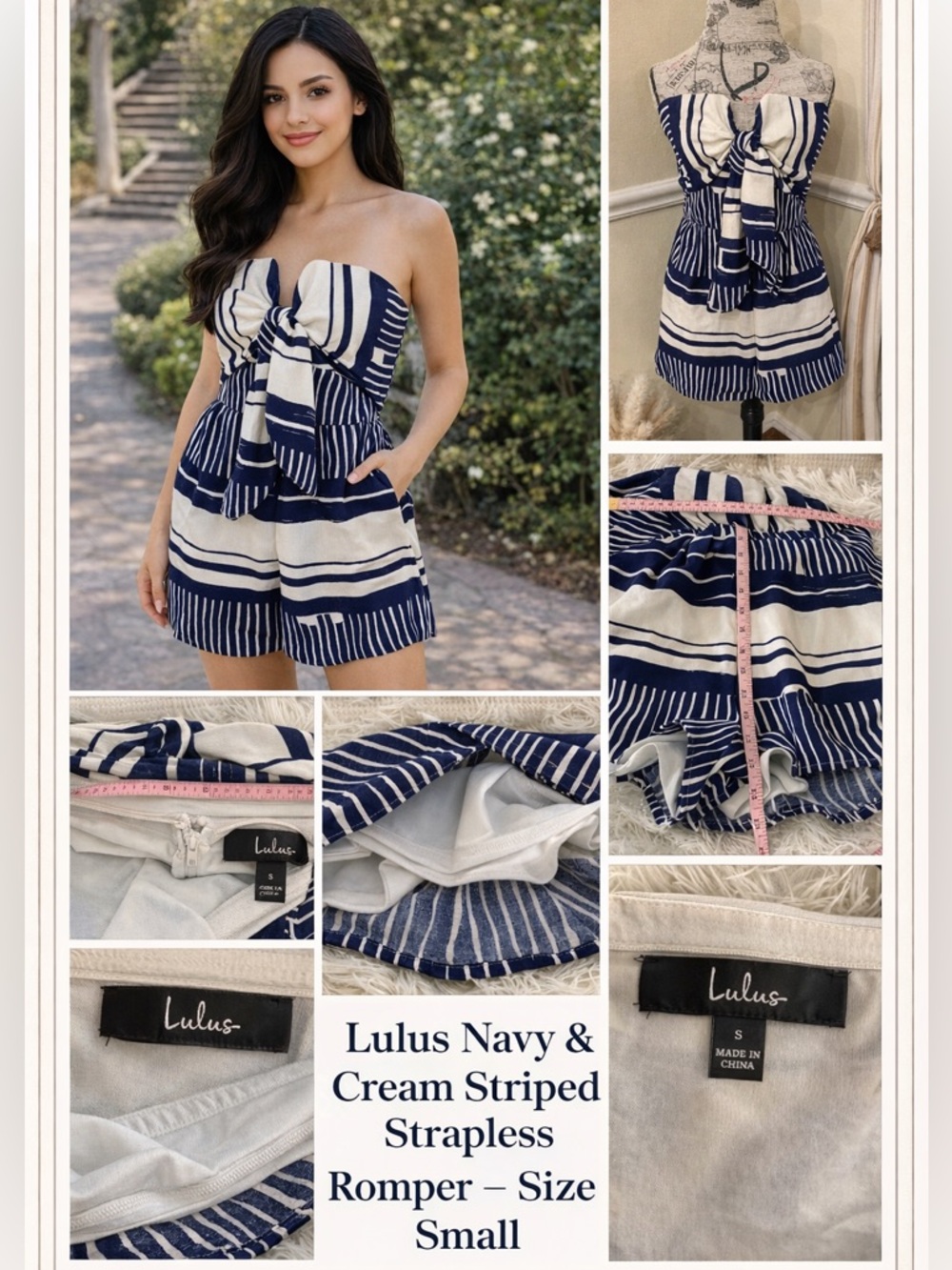 Lulus Navy Cream Striped Bow Front Strapless Romper Small - Picture 2 of 13